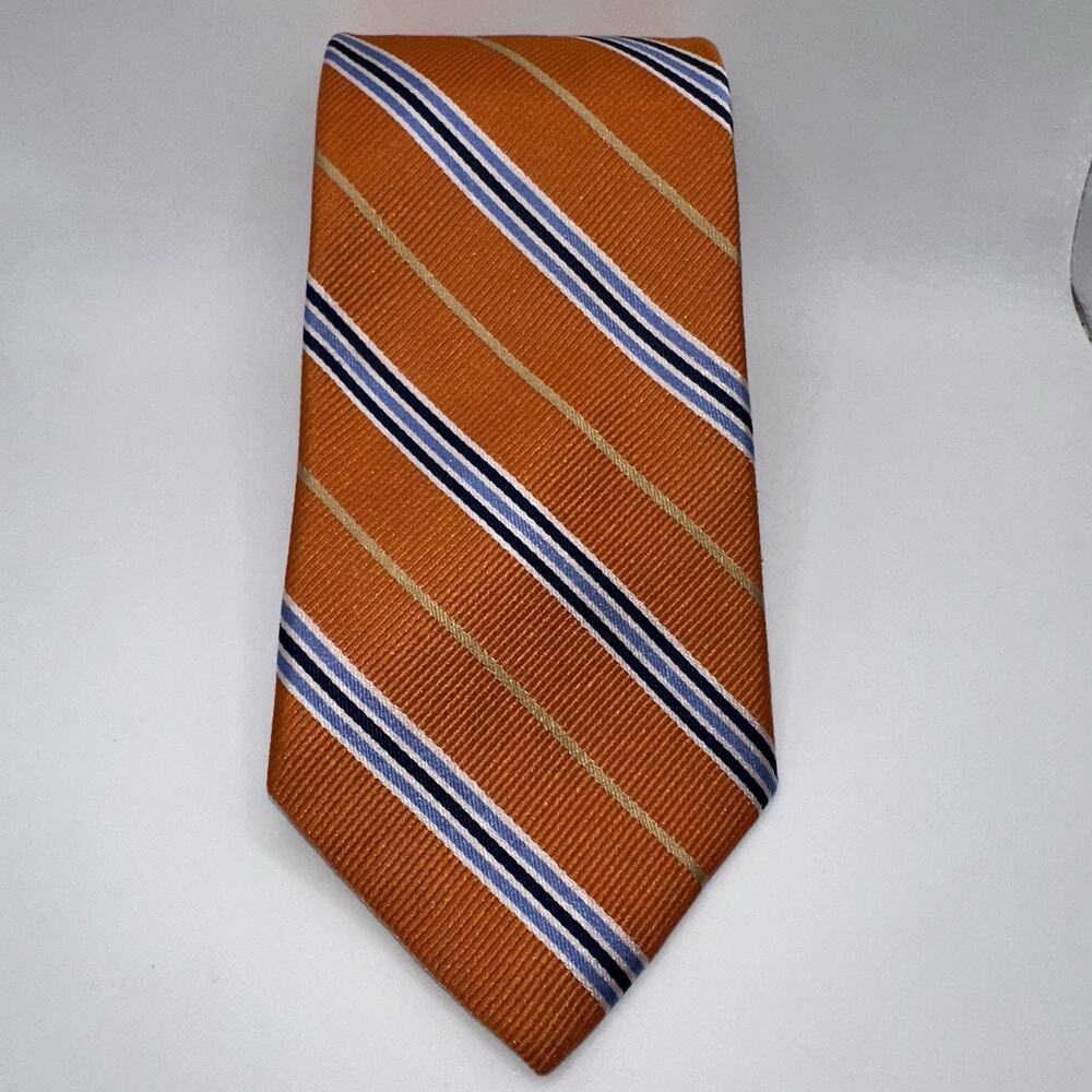 Paul Fredrick Tie Mens Classic Striped 3.5" Orange‎ Blue Silk Hand Tailored Good